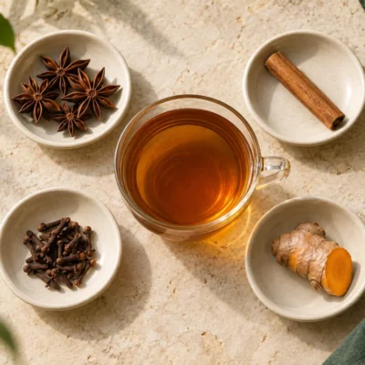 Star anise, cinnamon, clove and turmeric beside an amber infusion