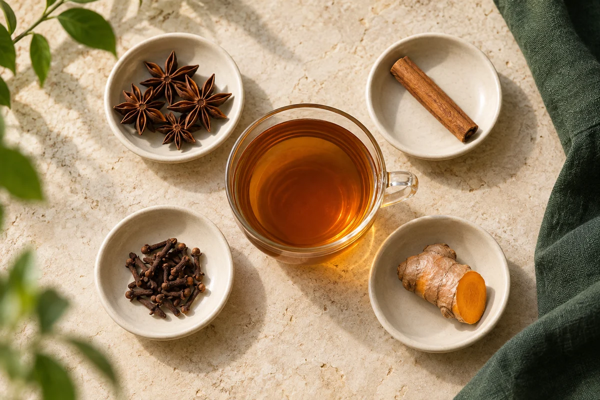 Star anise, cinnamon, clove and turmeric beside an amber infusion