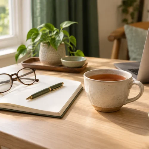 A cup of tea beside a notebook, pen and reading glasses