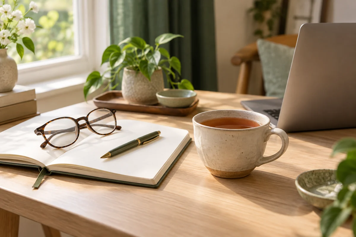 A cup of tea beside a notebook, pen and reading glasses