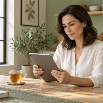 A woman reading information on a tablet beside a cup of herbal tea