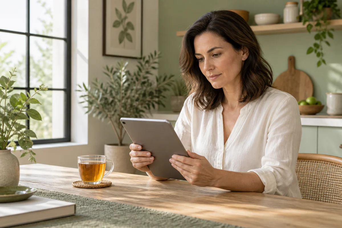 A woman reading information on a tablet beside a cup of herbal tea