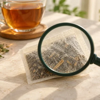 Conceptual image of a magnifying glass examining a herbal tea bag