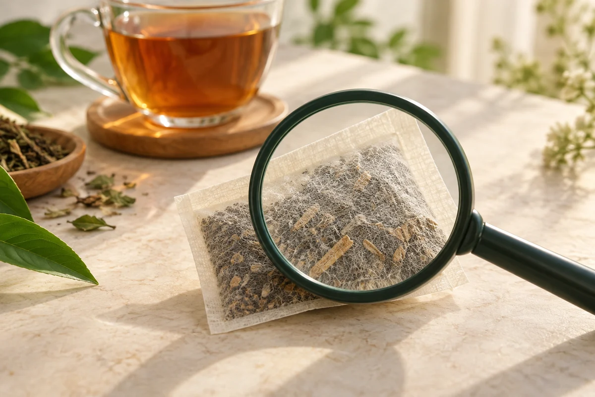 Conceptual image of a magnifying glass examining a herbal tea bag