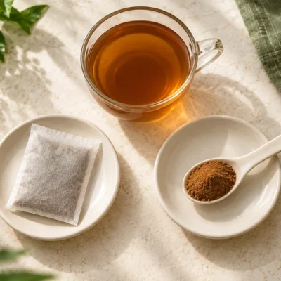 A herbal filter bag and soluble powder beside an amber drink