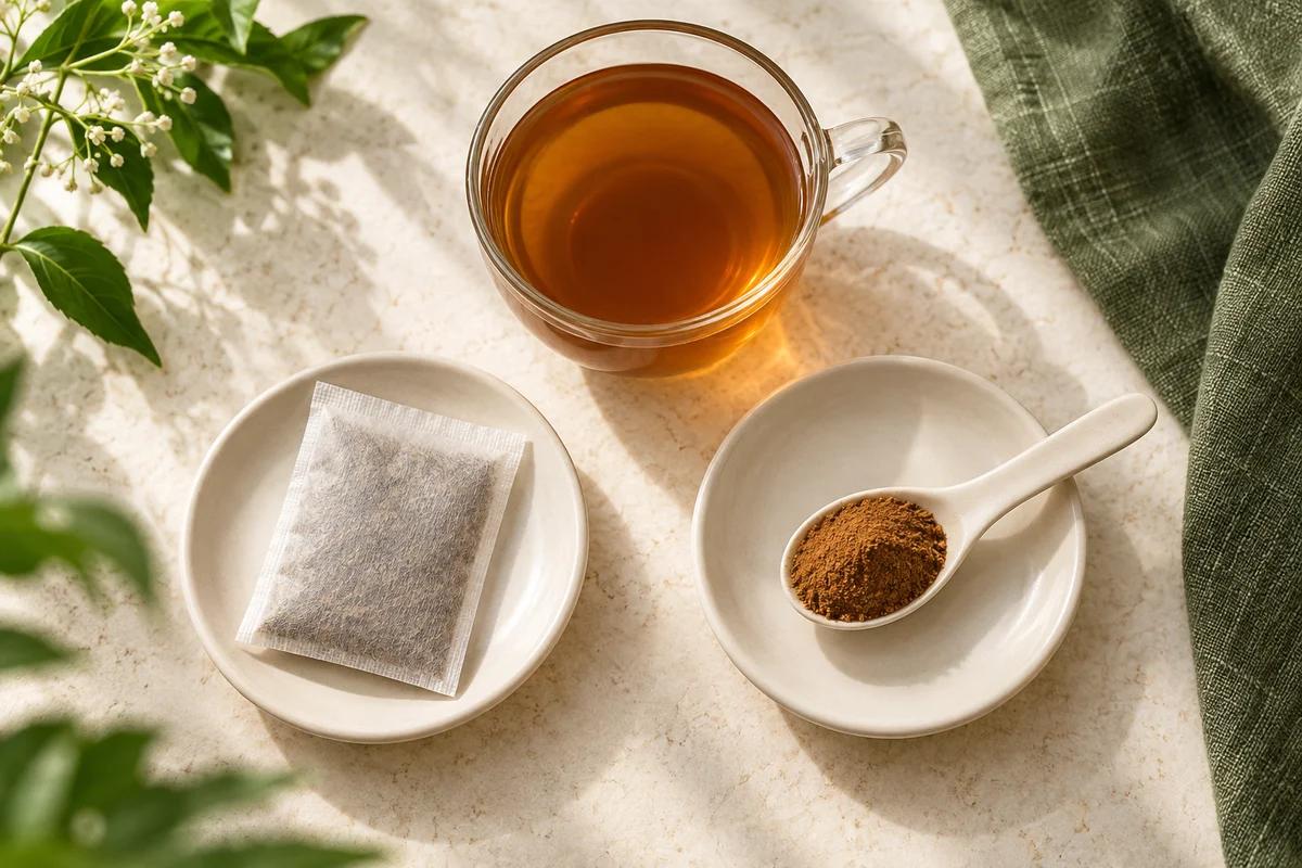 A herbal filter bag and soluble powder beside an amber drink